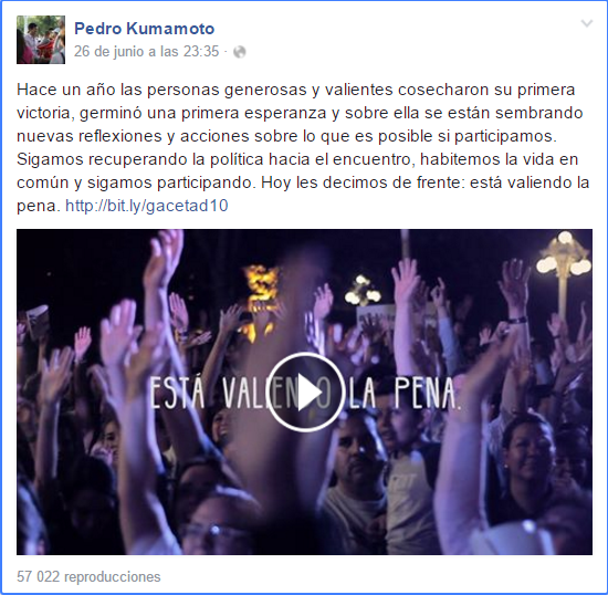 "A un año está valiendo la pena". Video de la página de Facebook de Pedro Kumamoto.