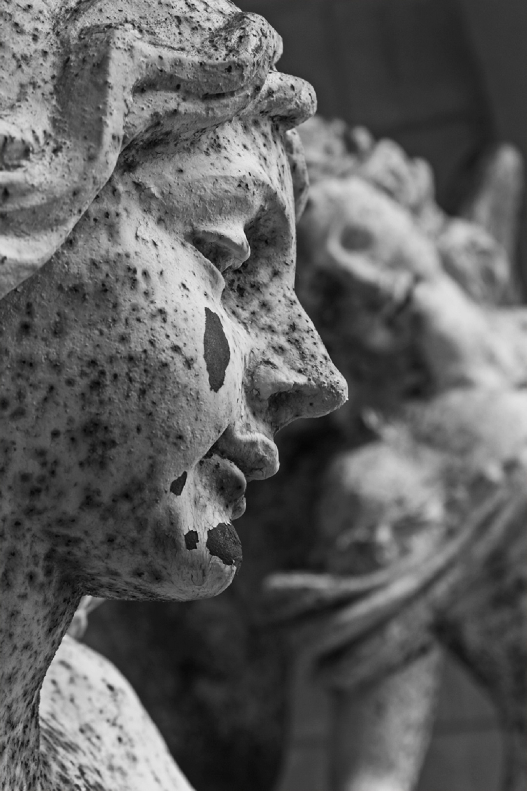 Photo noir et blanc. Le visage d'une statue féminine apparait en gros plan ; une tache sur sa joue laisse à penser qu'elle pleure.