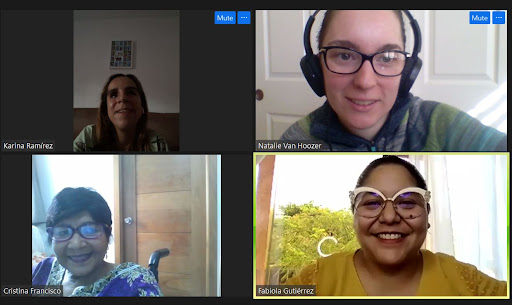Four people are connected to a Zoom video call from their homes and are smiling for a group photo as they finish reflecting on their conversation.