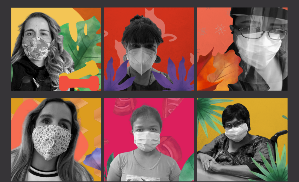 A grid of six individual photos of women wearing face masks, one also has a face shield. Each photo has a different graphic treatment, with a unique, warm-colored background and designs like leaves. 