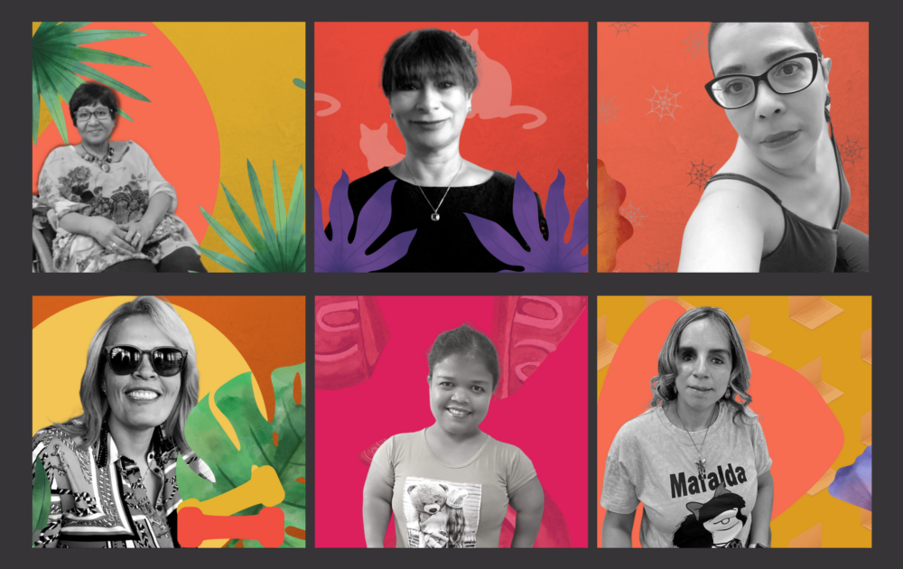 Mosaico de fotografias individuais de seis mulheres sem máscaras. Cada uma tem um fundo diferente com cores quentes que incluem folhas de vegetação.
