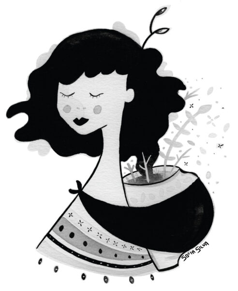 dessin en noir et blanc, femme qui ferme les yeux, portant sur son dos, à l'aide d'un tissu, des plantes semées dans la terre, allégorie de la nature