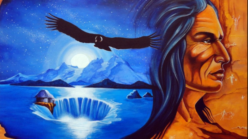 Peinture représentant un aigle volant au-dessus d'une montagne blanche et d'une cascade, ainsi que le profil d'un homme aux cheveux longs et noirs