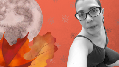 Zaría Abreu Flores wears a sleeveless blouse with a scoop neck. She has short hair and wears glasses. Her photo is set against a background illustrated with the moon and autumn leaves.