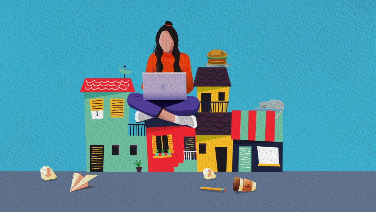 illustration d'une femme avec un ordinateur sur les genoux, assise en tailleur, sur des petites maisons collées les unes aux autres