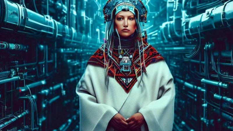 Dessin numérique d'une femme portant une coiffe et un habit traditionnel avec en fond des câbles et de la machinerie