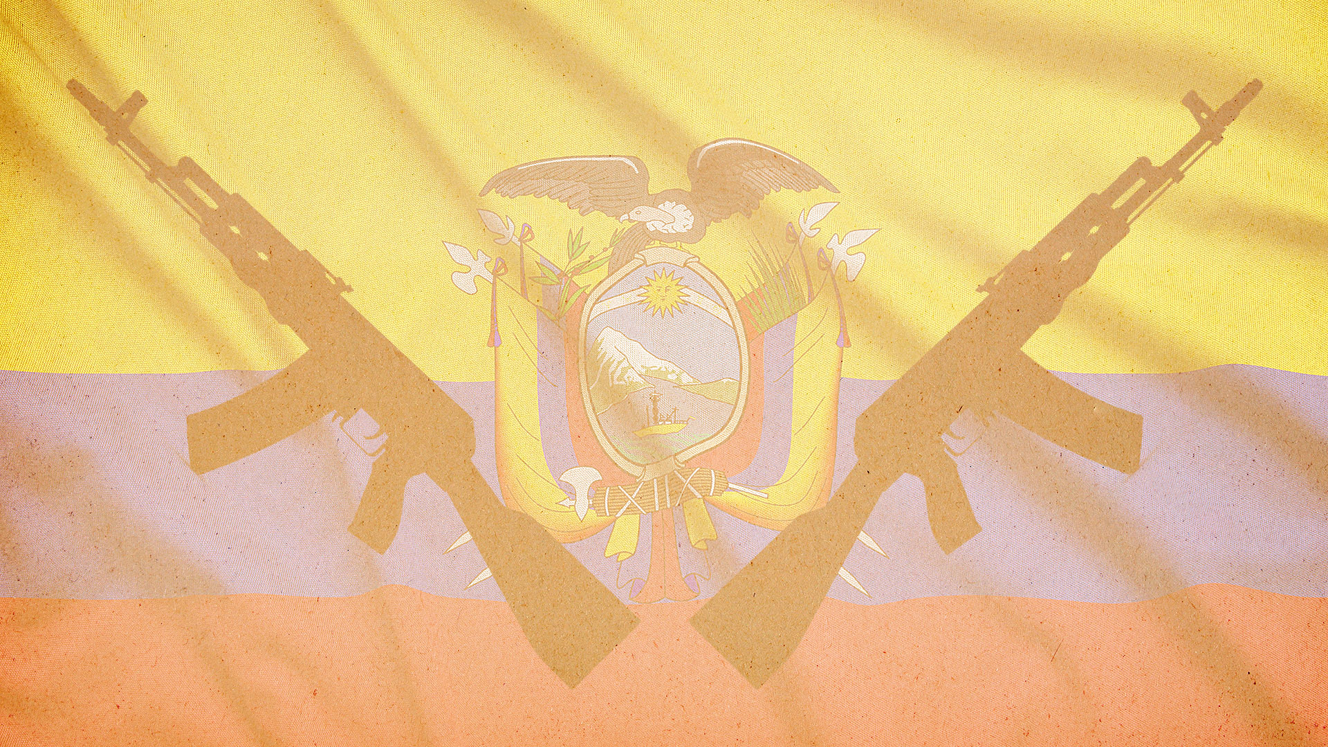 Le drapeau de l'Équateur avec deux fusils ajoutés par dessus en contraste