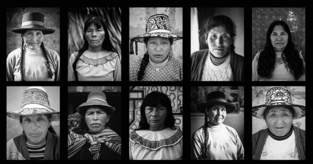 Dix portraits en noir et blanc de femmes, la plupart portant un chapeau traditionnel et une tresse, avec des traits de visage indigènes